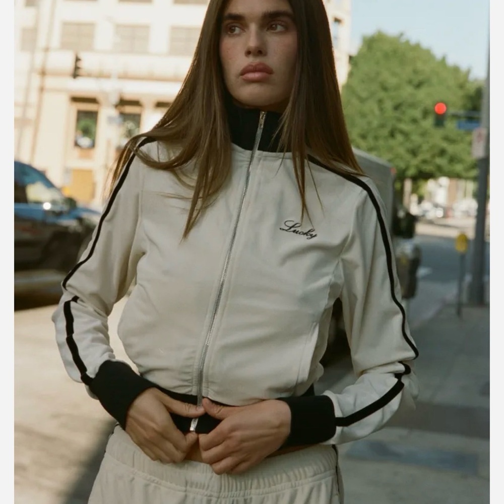With Jean The Bianca Zip Through Cream and Black velour track suit XS